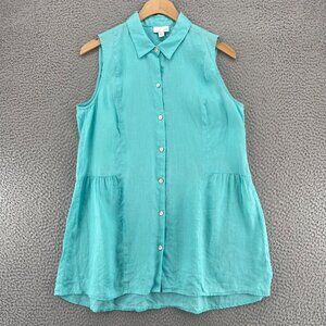 J Jill Top Womens Small Blue Love Linen Button Up Collar Sleeveless A Line Tunic